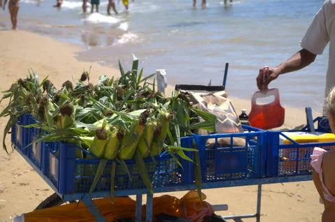 Grill on the beach, corn on the grill. Stock-Fotos