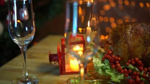 Grill chicken and burning candles on the holiday table Stock Footage 82076410