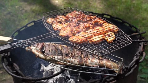 Grill with chicken and fish being grilled Stock Footage 247370365