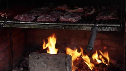 Grill Cooking Process with Fire and Meat Close-Up Vidéo 332373972