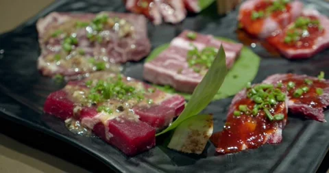 Grill, delicious beefsteak Large fresh leaves only from vegetable garden Salad Stock Footage 144513239