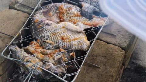 A grill with fish and meat on it 스톡 동영상 319295509