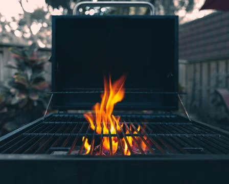 Grill. Flame in a grill. Cook on Backyard. Picnic with fireplace for barbecue Stock Photos