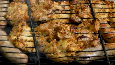 Grill, fresh meat roast, chicken barbecue, sausage, kebab, barbecue, barbecue Stock Footage 115340407