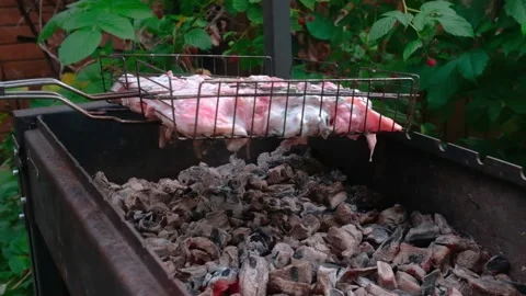 Grill grate with chicken is placed on the brazier with coals Stock Footage 157610389