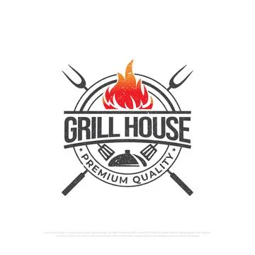 Grill house barbecue rustic logo design, retro BBQ vector, barbeque bar and.. Stock Illustration