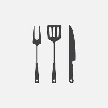 Grill Icon Vector, BBQ icon, fork, spatula and knife Stock Illustration