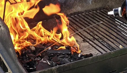 Grill Ignition with Fire and Charcoal Flames Rising Stock Footage 307632644
