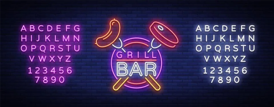 Grill logo in a neon style. Vector illustration on the theme of food, meat of Stock Illustration