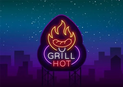 Grill logo in a neon style. Vector illustration on the theme of food, meat of Stock Illustration
