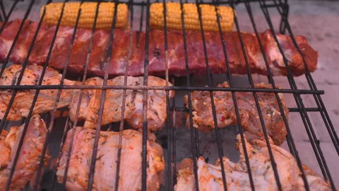 A grill with meat and vegetables on it Stock Footage 276343965