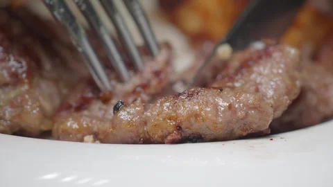 Grill meat is being cut with fork and knife on a white plate. Stock Footage 327690588