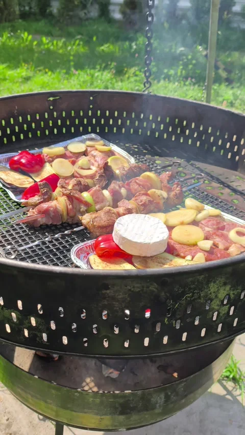 Grill with Meat, Vegetables and Cheese Cooked Over Wood Fire Vídeo Stock 342407127