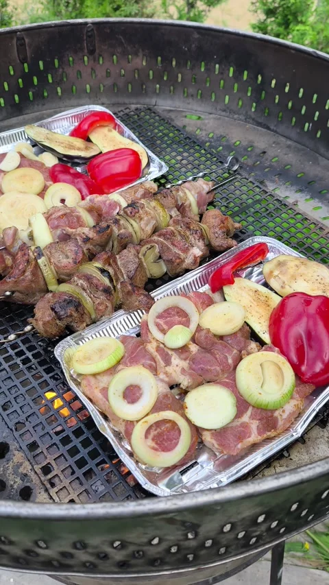 Grill with Meat, Vegetables and Cheese Cooked Over Wood Fire Vídeo Stock 342412669