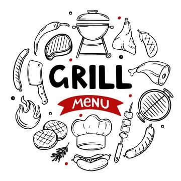 Grill menu hand drawn menu items of restaurant bar cafe Vector illustration of Stock Illustration