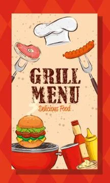 Grill menu with hat chef and delicious food Stock Illustration