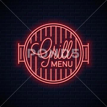 Grill menu neon logo. BBQ grill neon sign on wall Illustration #103056704