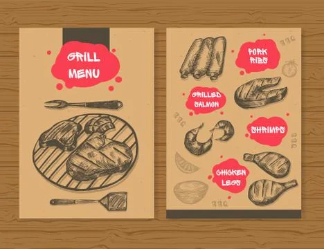 Grill menu template. Ready design BBQ menu for restaurant, bar, etc. Hand d.. Stock Illustration