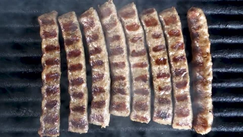 Grill Minced Meat Kebabs, Vertical View, Close-Up. Video stock 131449072