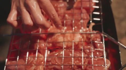 Grill night scene. Hands handling raw meat over hot coals. Closeup of hands Vidéo 338009883
