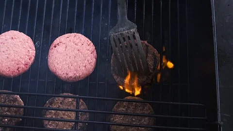 Grill Overhead Shot Slow Motion Flamed Burgers Stock Footage 105934294