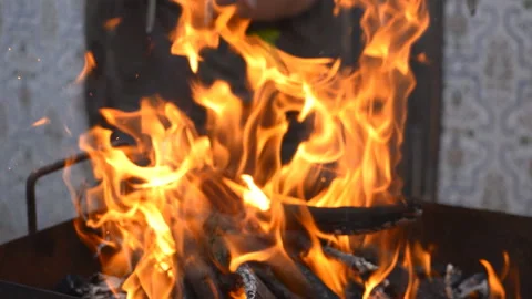 Grill Placed On Top of Fire Stock Footage 95931612