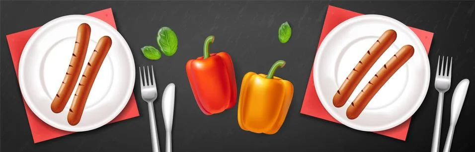 Grill plate Vector realistic. Meat and veggies menu poster. Detailed 3d illus Stock Illustration
