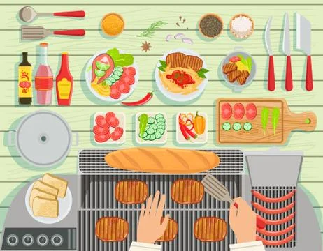 Grill Restaurant Cooking Table Elements Set View From Above Illustrazione stock