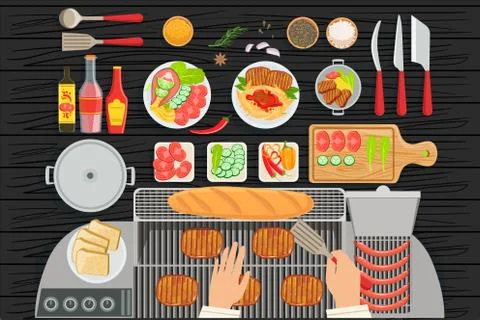 Grill Restaurant Cooking Table Elements Set View From Above Stock Illustration