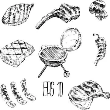 Grill set. Vector hand drawn illustration. Stock Illustration