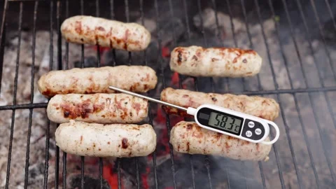 Grill temperature rise shows on digital cooking thermometer inserted in roasting Stock Footage 346644156