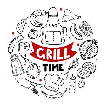 Grill time hand-drawn menu items of restaurant bar cafe Vector of barbecue fo Stock Illustration