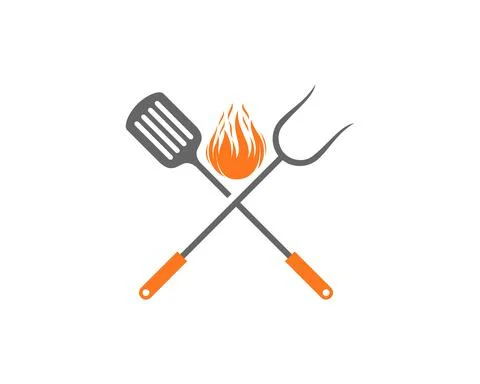 Grill tools crossed with fire flame in the middle Stock Illustration