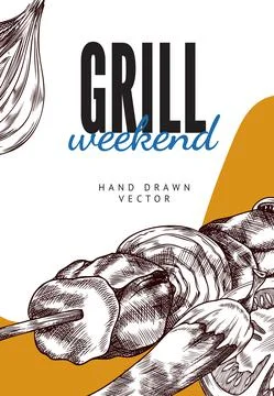 Grill weekend or barbeque party poster hand drawn engraving vector illustration. Stock Illustration