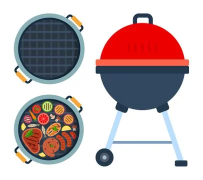 Grill on wheels, round grill with meat, fish and vegetables top view and empty Stock Illustration