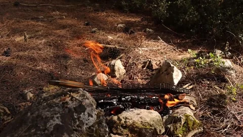 Grill Wire on the Campfire with Dry Grasses in the Background Stock Footage 325654072