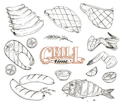 Grille meet and fish Stock Illustration