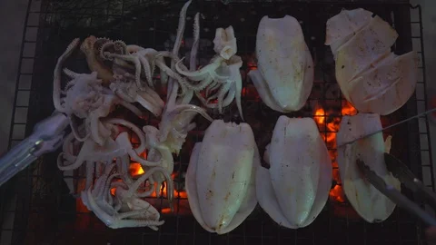 Grilled and roasted squid on fire for cooking sea food Stock Footage 122890825