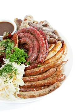 Grilled assorted sausages Stock Photos