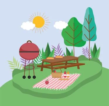 Grilled bbq table blanket basket food picnic in the park Stock Illustration