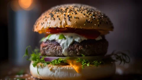 Grilled Beef Burger with Melted Cheese and Fresh Vegetables on a Wooden Table Video stock 236523514