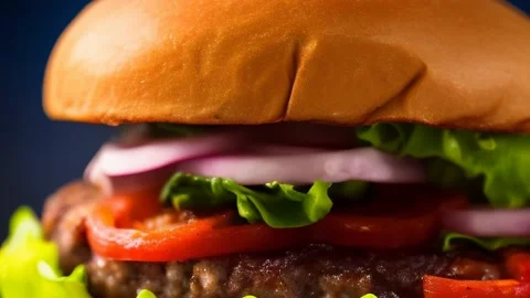 Grilled Beef Burger with Melted Cheese and Fresh Vegetables. Fast Food. Unhealth Video stock 236680357