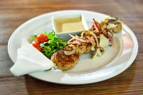 Grilled beef shishkabobs on table close up Stock Photos