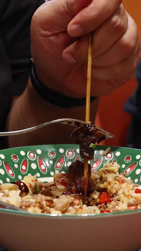 Grilled Beef Skewer Removed From Fork Over Rice Bowl Stock Footage 315423232