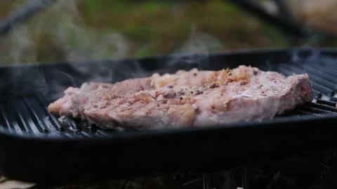 Grilled beef steak with spices on the grill with smoke. Видео 222676087