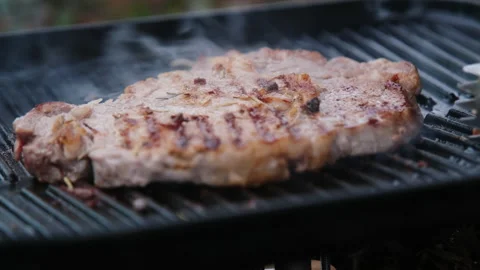 Grilled beef steak with spices on the grill with smoke. Vídeo Stock 222679080