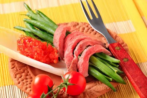 Grilled beef steak with vegetables and bread Stock Photos