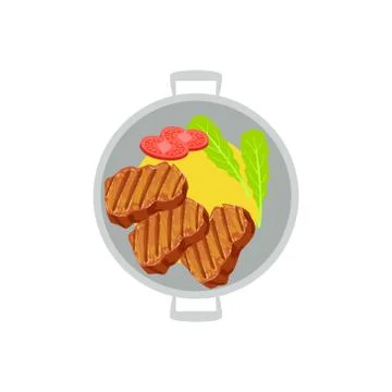Grilled Beef Steaks With Side Of Mashed Potatoes And Fresh Tomato Vector Stock Illustration