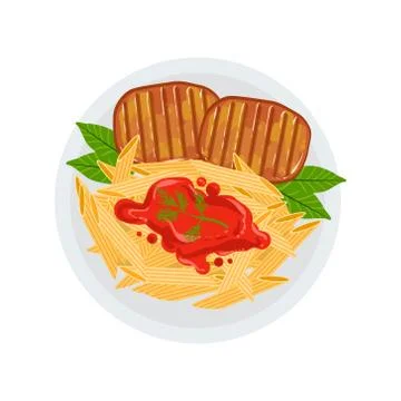 Grilled Beef Steaks With A Side Of Penne Pasta Bolognese Vector Illustration Of Stock Illustration