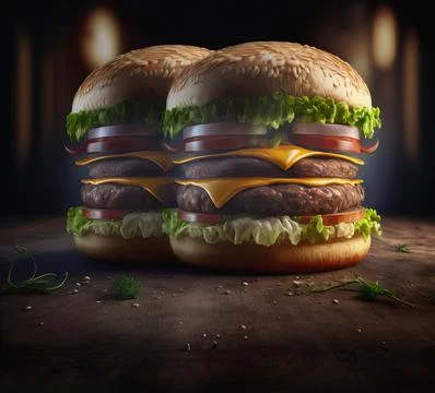 Grilled burger with double cutlet and cheese on a wooden table, copy space Иллюстрация